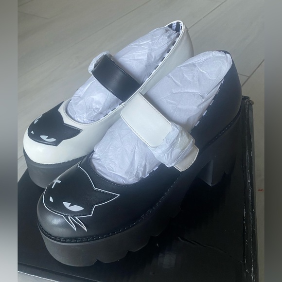 Dolls Kill x Emily The Strange | Cat You Later Platform Black / White Mary Janes - Picture 7 of 12